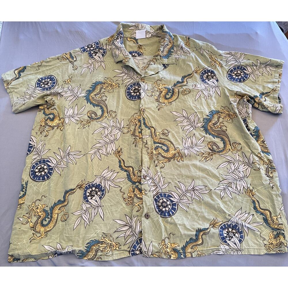 Vtg Barefoot Paradise Hawaiian Shirt Mens 5XL XXXXL Green Dragon Compass Pattern